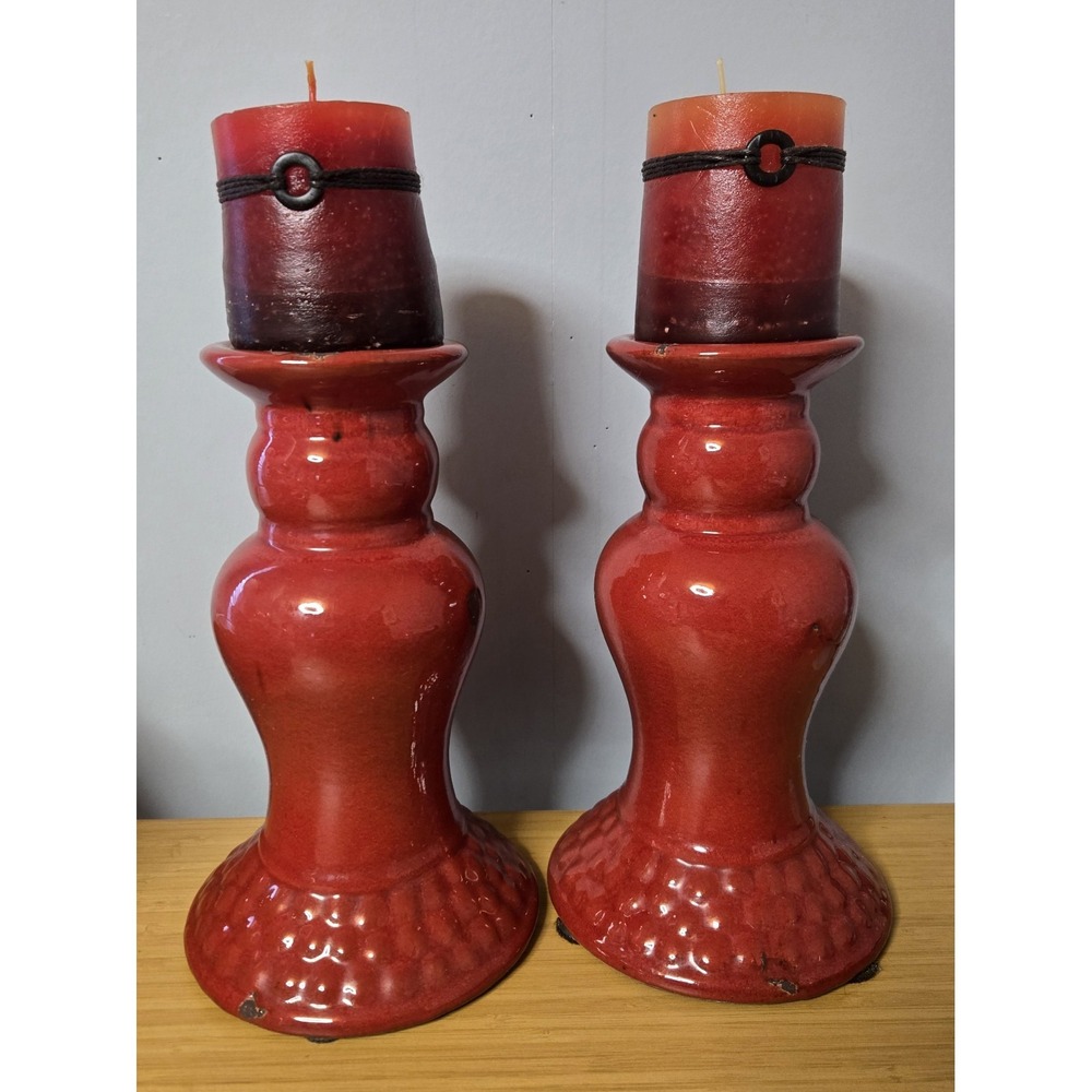 Ceramic Pillar Candle Holders With "Wore" Marks. 14" Tall W/ Candle. Never Lit!